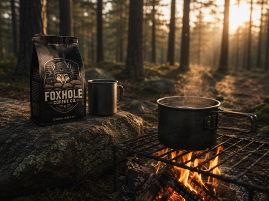 Foxhole Coffee Dark Roast bag and tin camp mug on a mossy rock beside a pot of cowboy coffee boiling over a campfire in a pine forest at golden hour