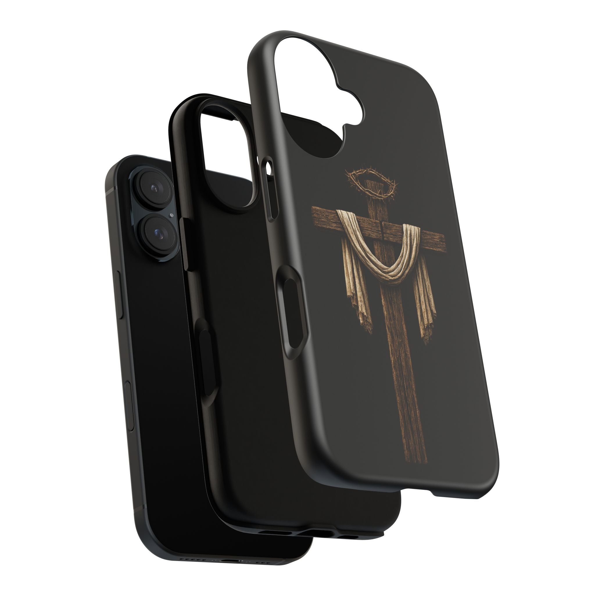 Christian Cross Phone Case — Rustic Wood Cross with Draped Cloth & Crown of Thorns