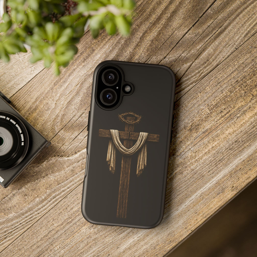 Christian Cross Phone Case — Rustic Wood Cross with Draped Cloth & Crown of Thorns