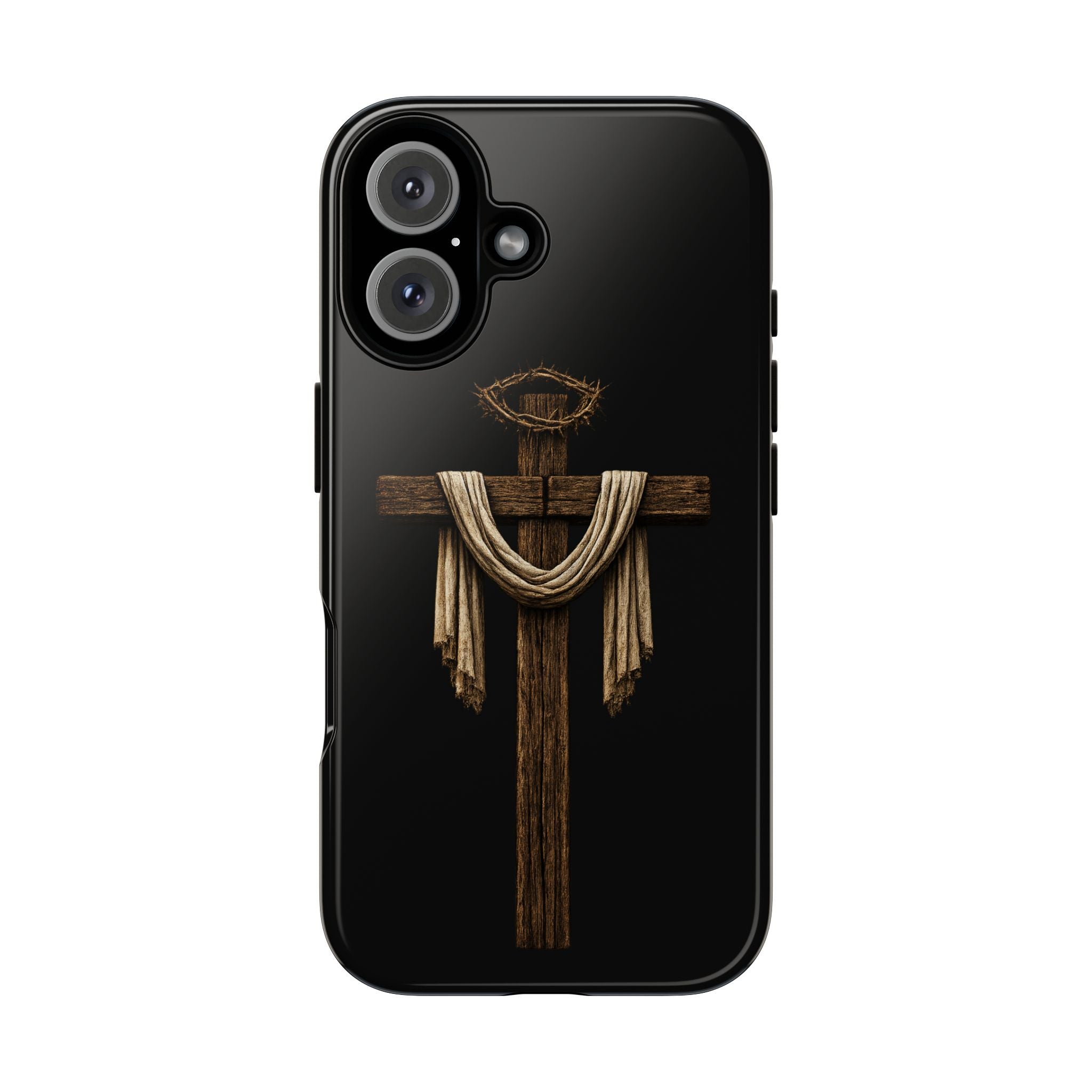 Christian Cross Phone Case — Rustic Wood Cross with Draped Cloth & Crown of Thorns