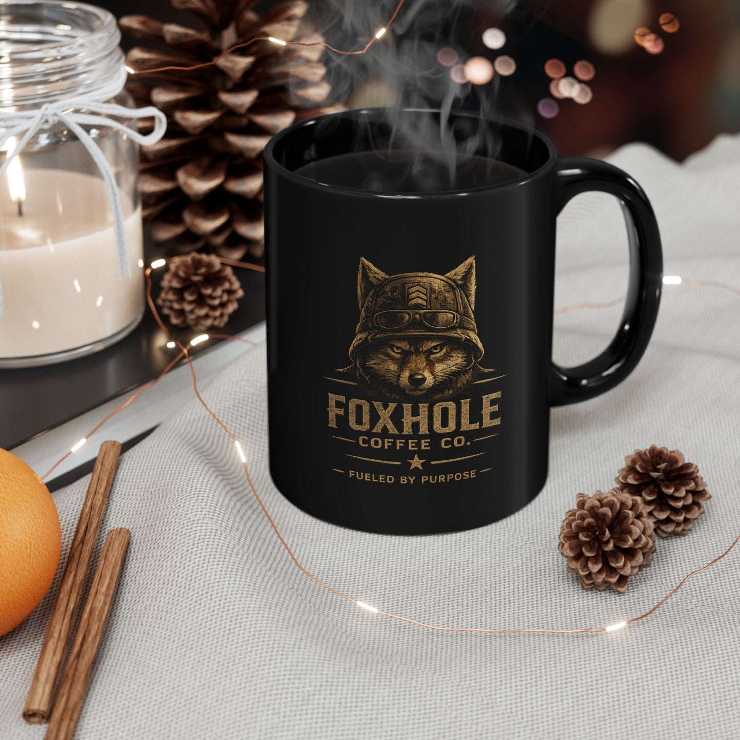 Foxhole Coffee Co. Black Mug — Fox Logo Coffee Cup (11oz/15oz)